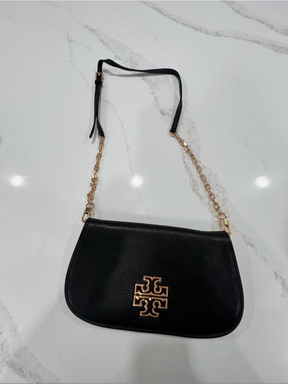 Tory Burch Black Leather Crossbody with Gold Logo Chain